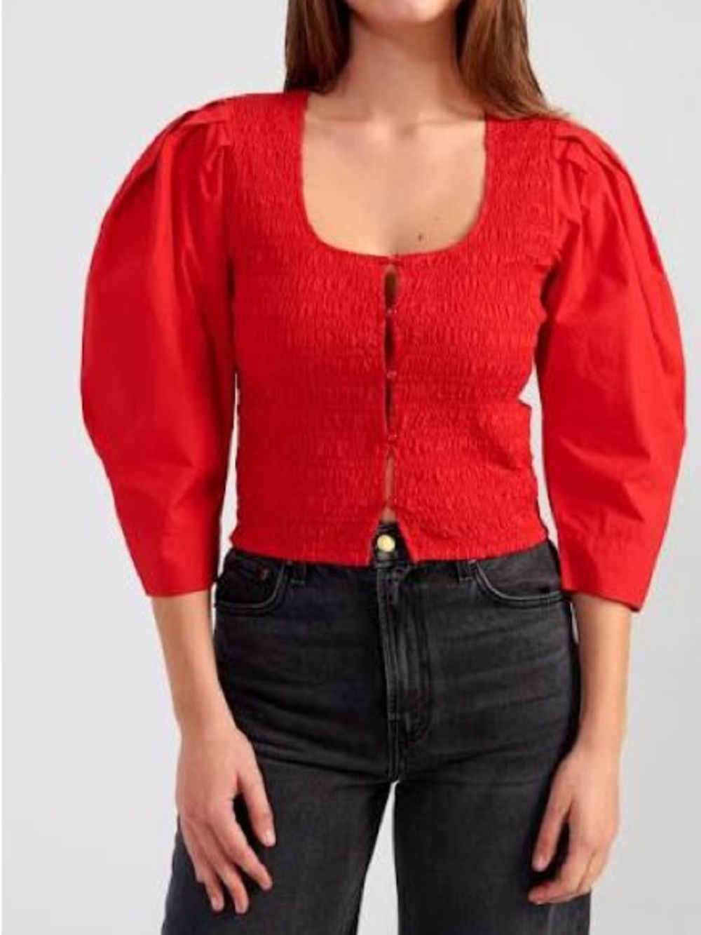 Ganni Red Smocked Puff-Sleeve Blouse